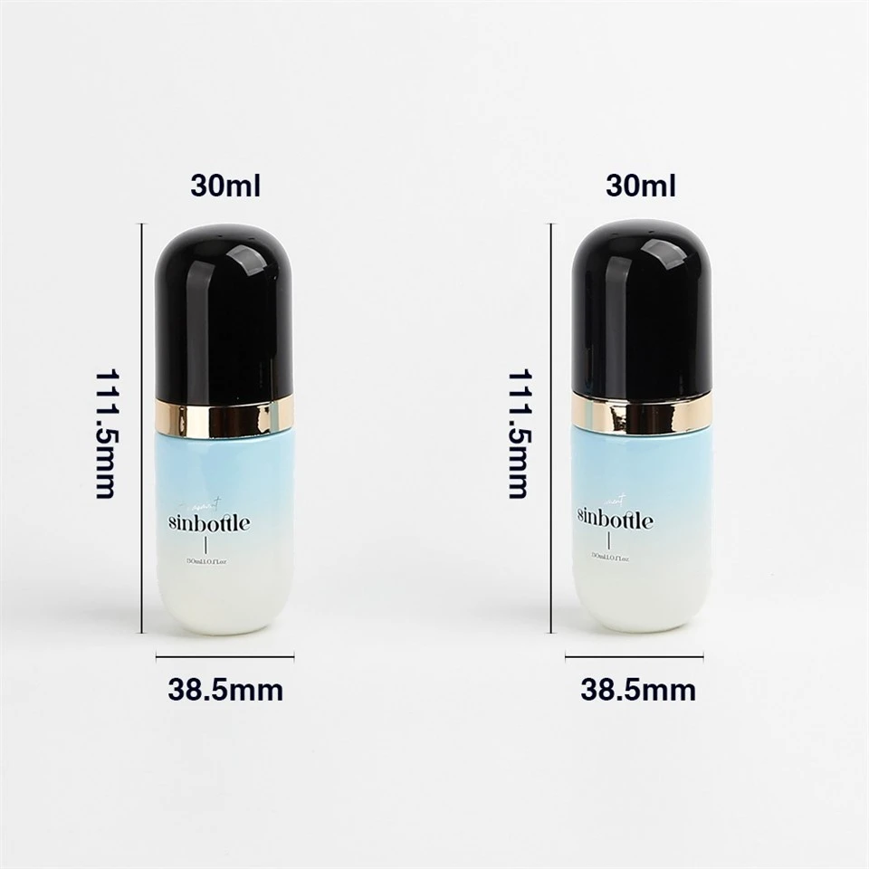 30ml Luxury Capsule Shaped Gradient Blue Glass Foundation Lotion Bottle With Black Cap And Gold Pump price