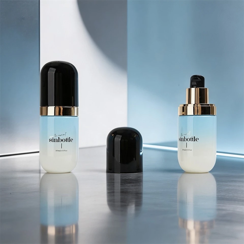 30ml Luxury Capsule Shaped Gradient Blue Glass Foundation Lotion Bottle With Black Cap And Gold Pump best