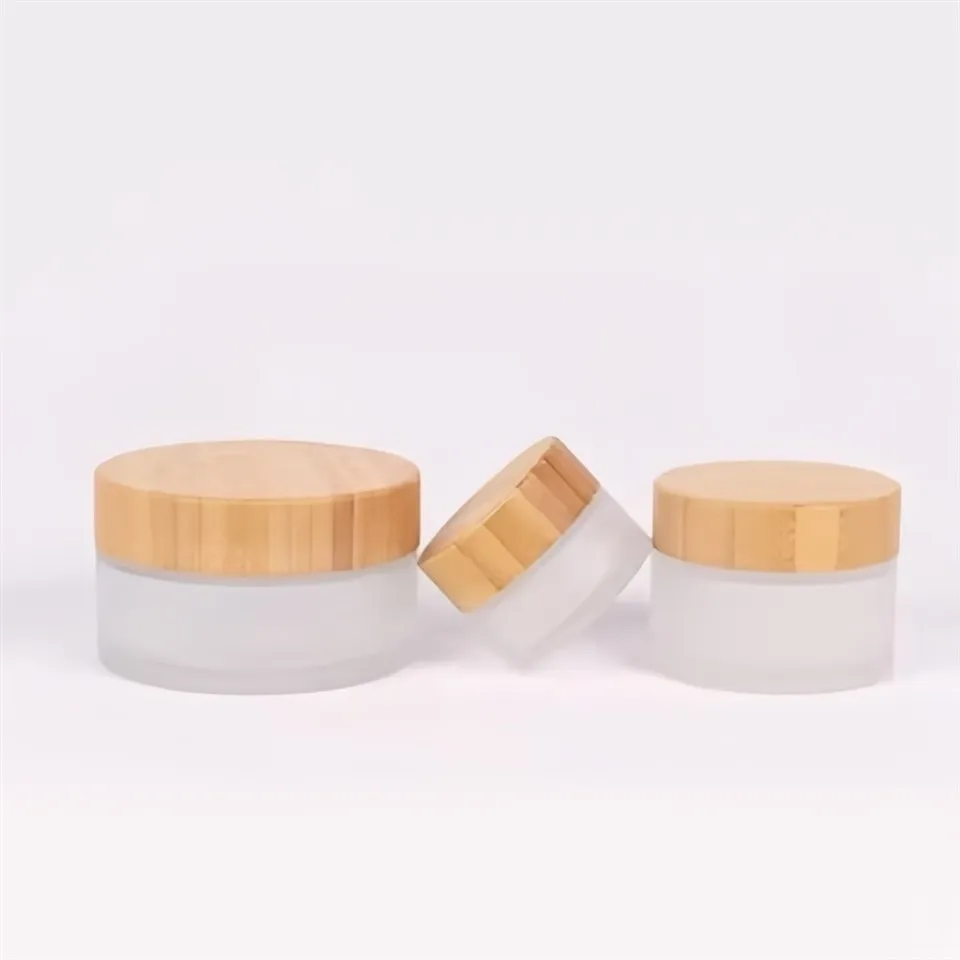 Bamboo Lid Frosted Glass Cosmetic Cream Jar 5g 15g 30g 50g 100g Luxury Clear Skincare Glass Bottle With Wooden Cap high quality