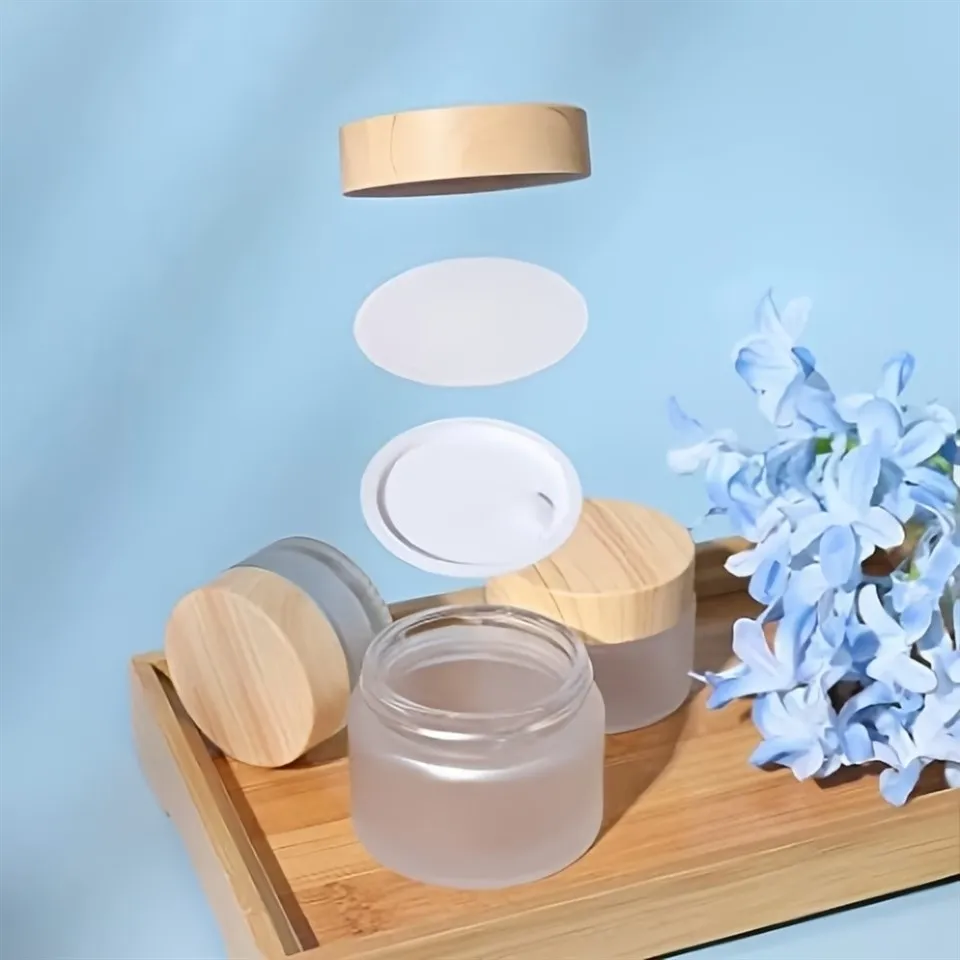 Bamboo Lid Frosted Glass Cosmetic Cream Jar 5g 15g 30g 50g 100g Luxury Clear Skincare Glass Bottle With Wooden Cap factory