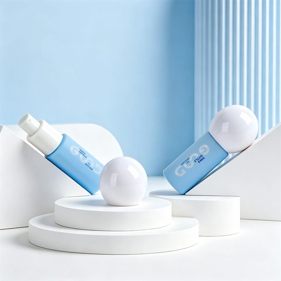 Custom 15ml Light Blue Glass Lotion Bottle With White Sphere Cap Cosmetic Packaging high quality