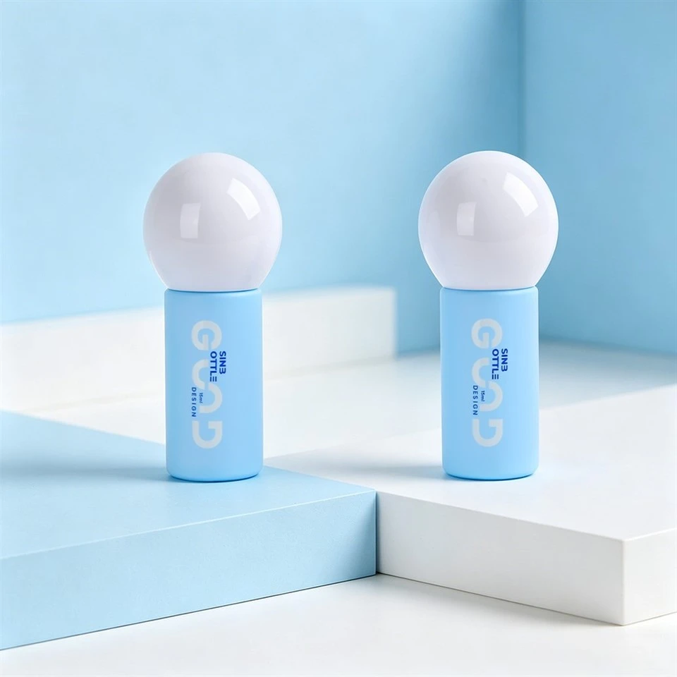 Custom 15ml Light Blue Glass Lotion Bottle With White Sphere Cap Cosmetic Packaging suppliers