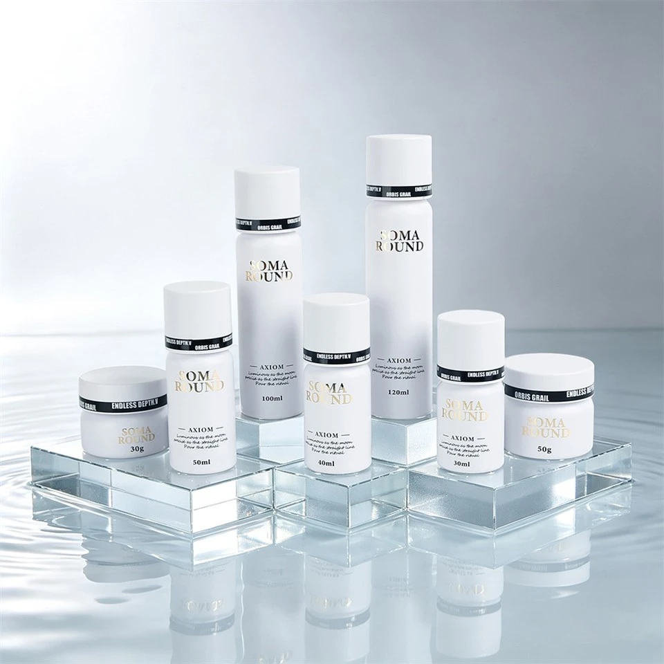 Custom Gold Stamping Matte White Cosmetic Packaging Set Luxury Serum Bottle And Cream Jar suppliers