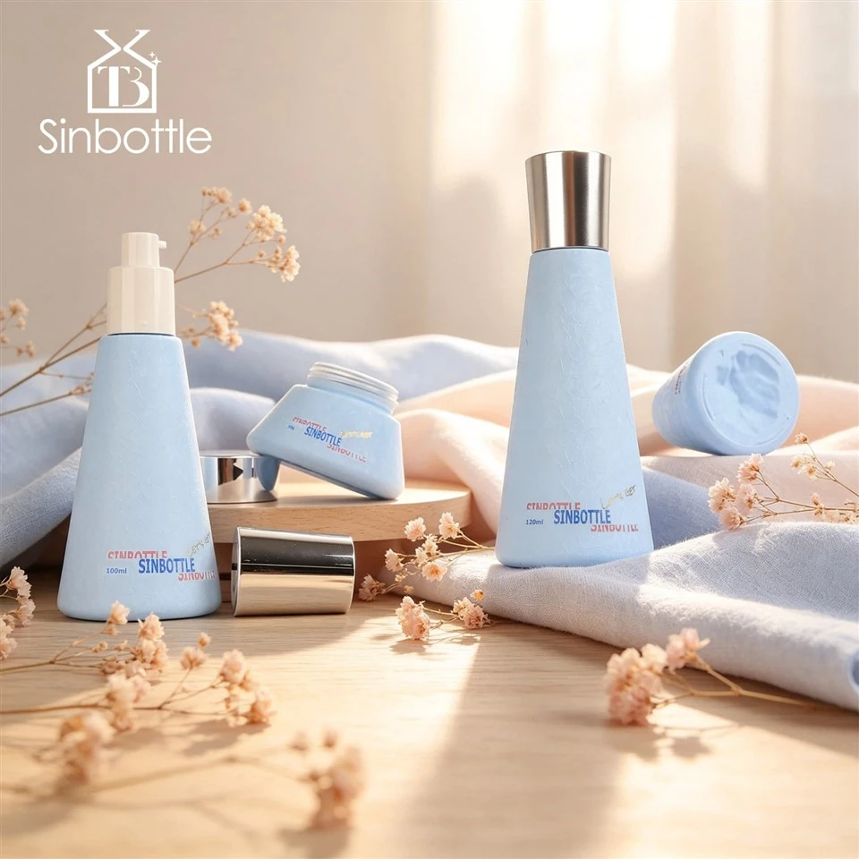Light Blue Crack Texture Conical Glass Skincare Bottle Jar Set Custom Cosmetic Packaging