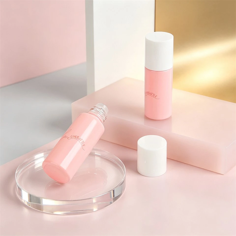 Glossy Pink Glass Roll On Deodorant Bottle White Cap Antiperspirant Custom Cosmetic Packaging