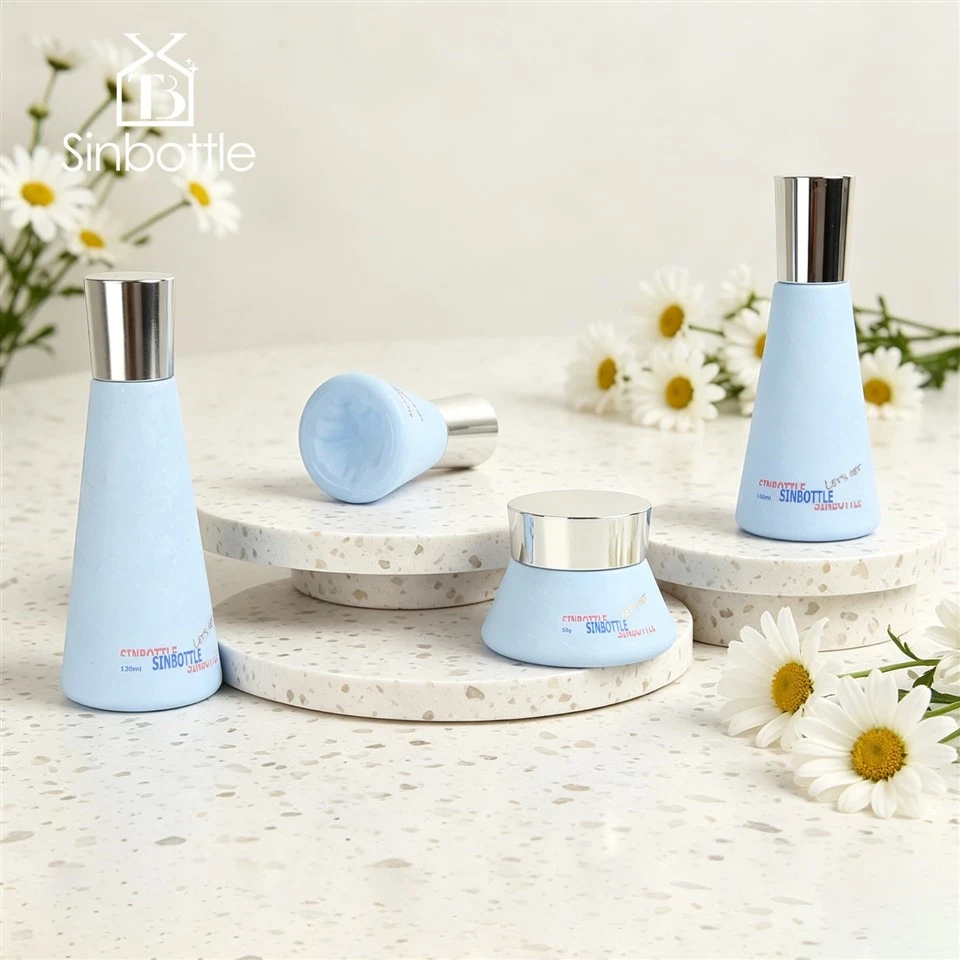 Light Blue Crack Texture Conical Glass Skincare Bottle Jar Set Custom Cosmetic Packaging suppliers