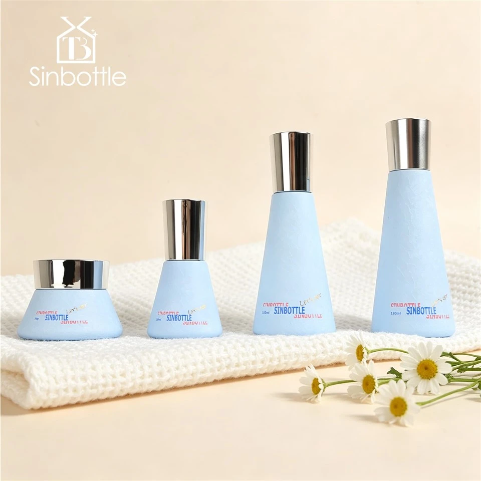 Light Blue Crack Texture Conical Glass Skincare Bottle Jar Set Custom Cosmetic Packaging factory