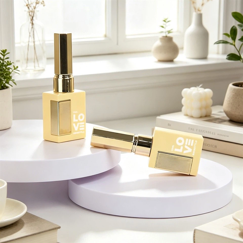 Luxury 12ml Square Glass Nail Polish Bottle Empty Frosted Yellow Nail Varnish Containers With Gold Cap Custom Cosmetic Packaging best