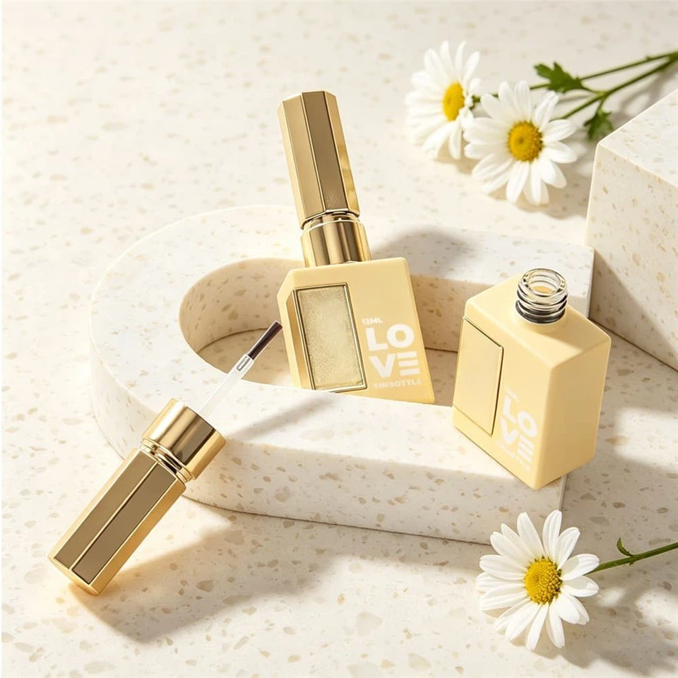 Luxury 12ml Square Glass Nail Polish Bottle Empty Frosted Yellow Nail Varnish Containers With Gold Cap Custom Cosmetic Packaging manufacturers