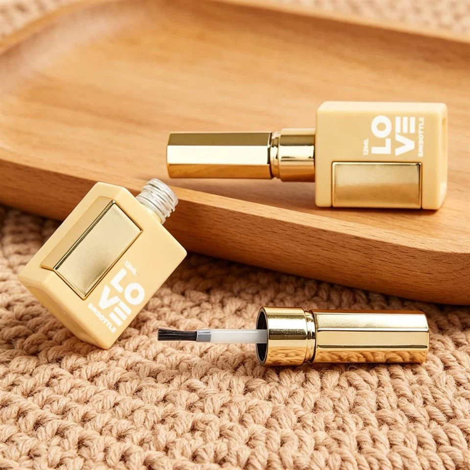 Luxury 12ml Square Glass Nail Polish Bottle Empty Frosted Yellow Nail Varnish Containers With Gold Cap Custom Cosmetic Packaging suppliers