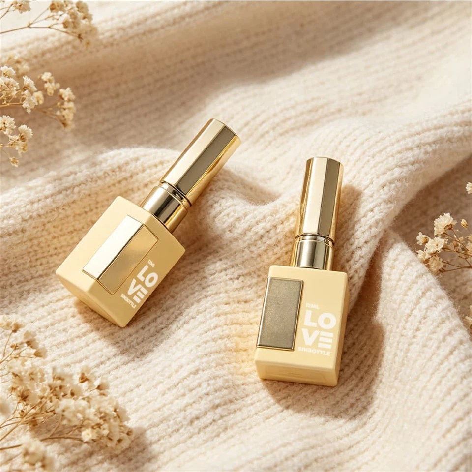 Luxury 12ml Square Glass Nail Polish Bottle Empty Frosted Yellow Nail Varnish Containers With Gold Cap Custom Cosmetic Packaging factory
