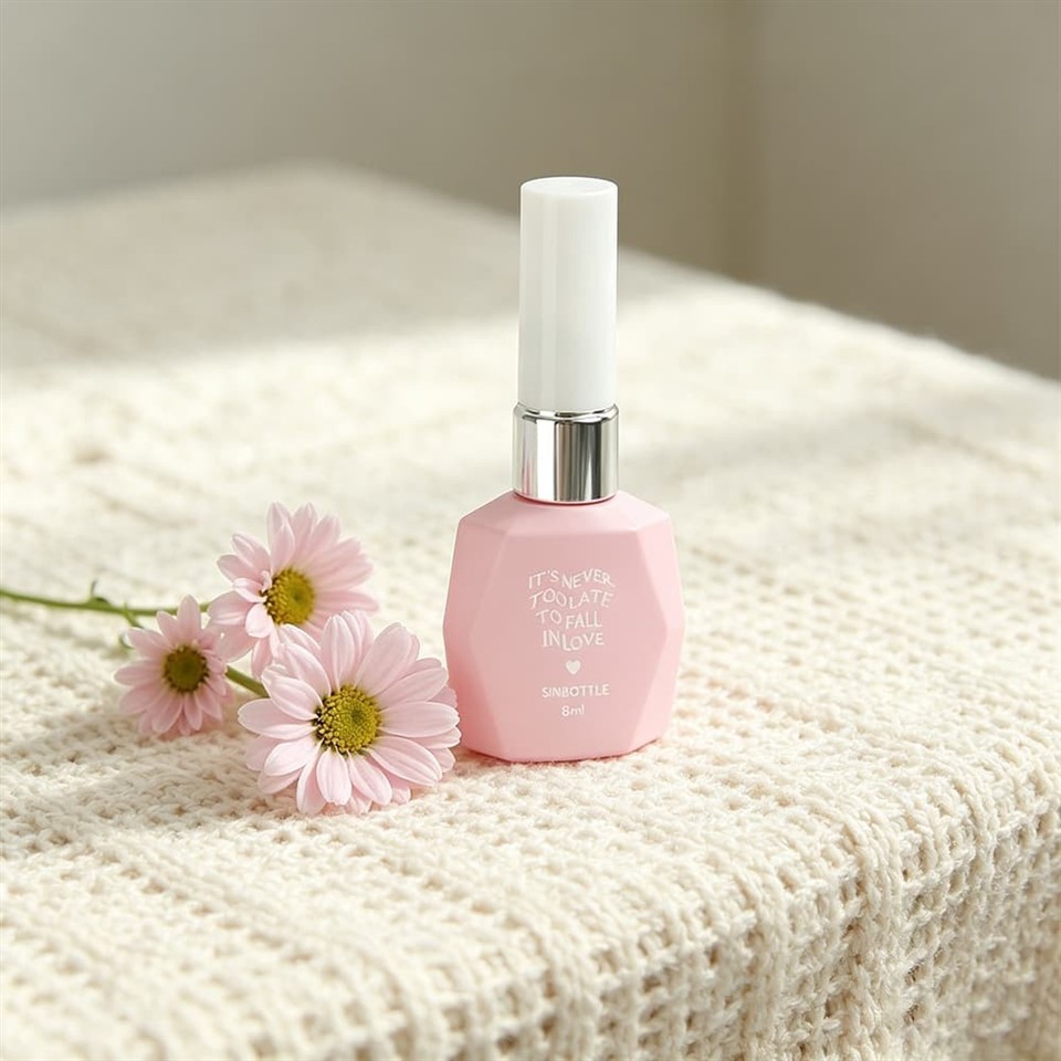 Luxury Custom 8ml Matte Pink Nail Polish Glass Bottle Unique Refillable Empty UV Gel Container With White Cap Cosmetic Packaging factory