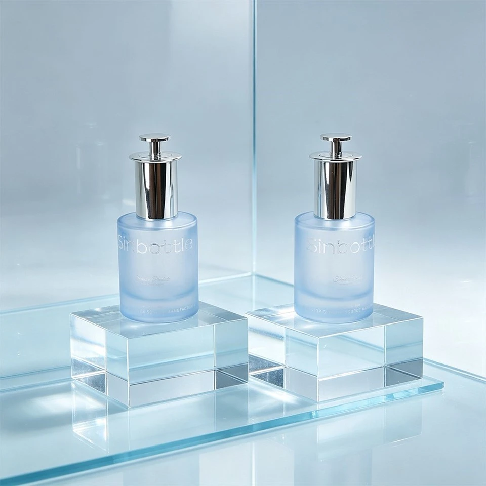 Luxury Frosted Blue Glass Dropper Bottle 30ml 50ml Press Button Serum Bottle Wholesale suppliers