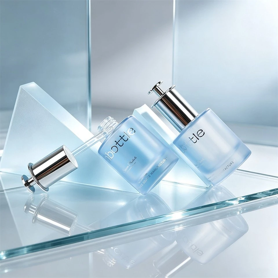 Luxury Frosted Blue Glass Dropper Bottle 30ml 50ml Press Button Serum Bottle Wholesale best