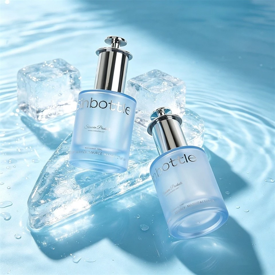 Luxury Frosted Blue Glass Dropper Bottle 30ml 50ml Press Button Serum Bottle Wholesale high quality
