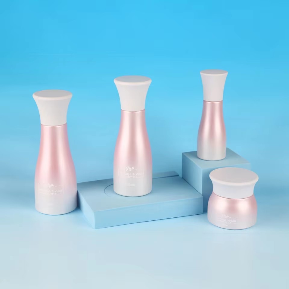 Luxury Pink Gradient Pearlescent Glass Cosmetic Bottle Set 40ml 100ml 120ml Lotion Pump Spray Bottle 50g Eye Cream Jar Wholesale suppliers