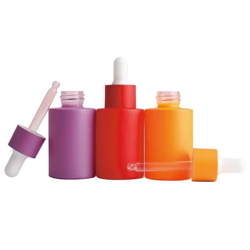 Macaron Color 30ml 1oz Flat Shoulder Glass Dropper Bottle For Essential Oil Empty Frosted Colorful Essence Serum Packaging factory