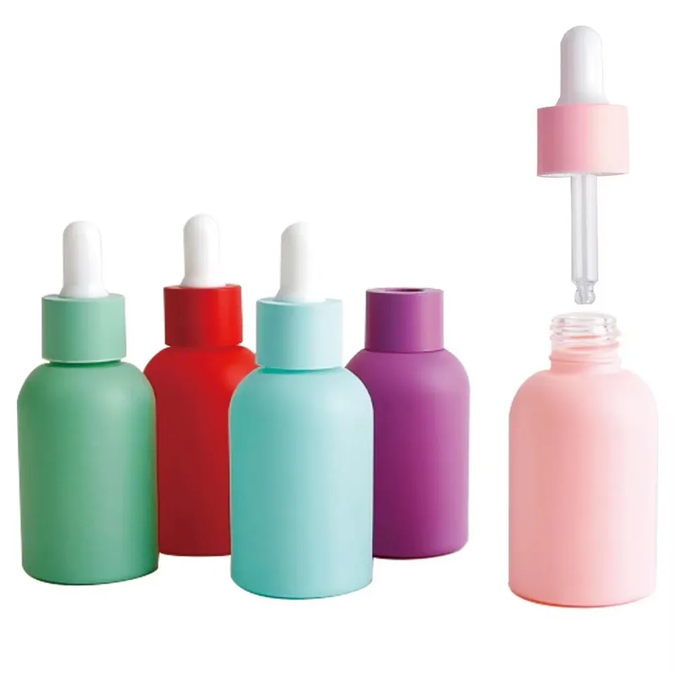 Macaron Color 30ml 1oz Flat Shoulder Glass Dropper Bottle For Essential Oil Empty Frosted Colorful Essence Serum Packaging high quality
