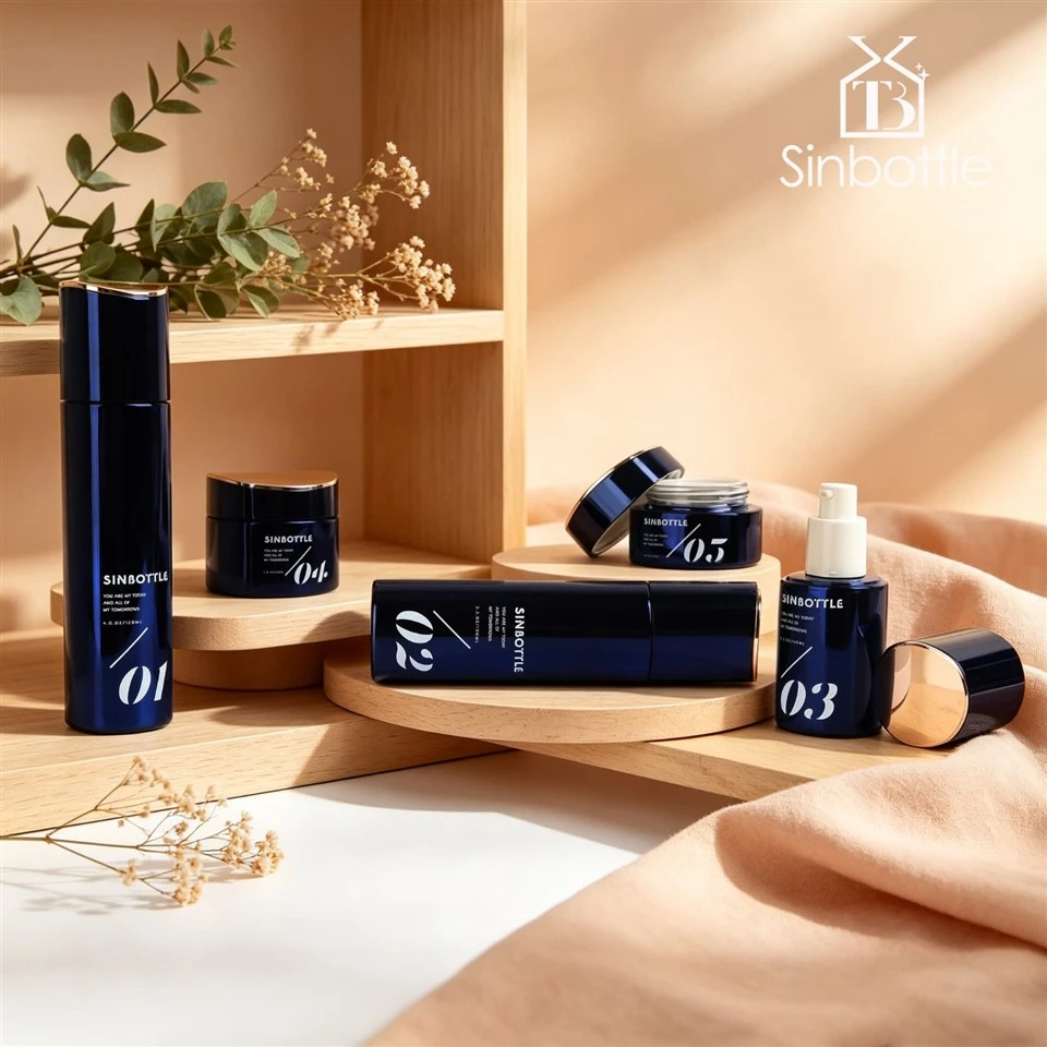 Navy Blue Glass Skincare Bottle & Cream Jar Set Luxury Cosmetic Packaging Custom Logo Private Label factory