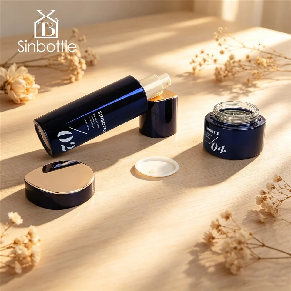 Navy Blue Glass Skincare Bottle & Cream Jar Set Luxury Cosmetic Packaging Custom Logo Private Label suppliers