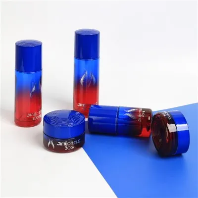 Custom Luxury Gradient Blue And Red Glass Cosmetic Packaging Set Lotion Bottle Cream Jar For High End Skincare Brands