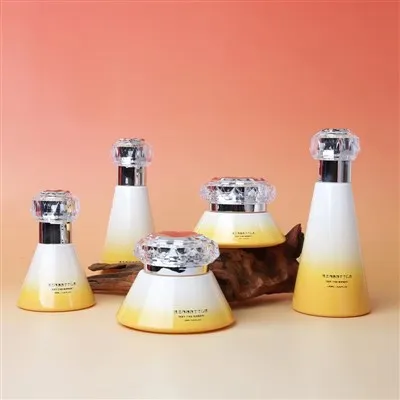 Custom Color Empty Skincare Glass Bottle Set Luxury Pump Container With Gemstone Lid Wholesale Lotion & Cream Cosmetic Packaging