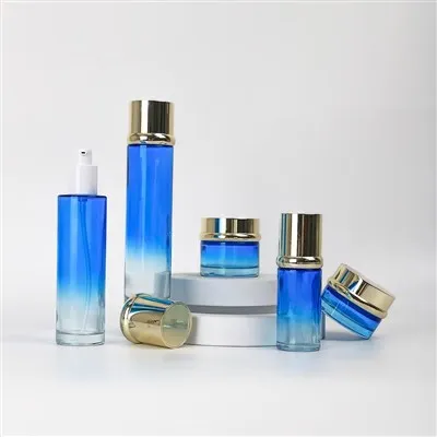 Custom Gradient Blue Luxury Glass Skincare Packaging Set, 30ml/100ml/120ml Pump Bottles With 30g/50g Cream Jars, Wholesale Customization Available