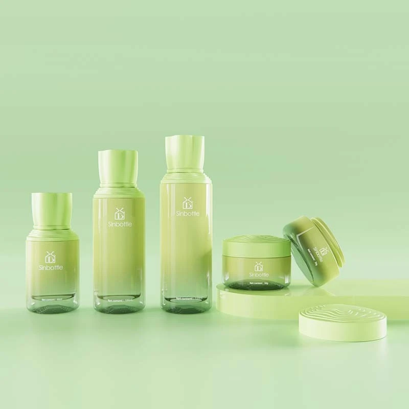 Terraced Field Design Cosmetic Glass Bottle Set Flat Flat Lotion Bottle With Hand Pull Pad Screw Cap For Packaging Cosmetics