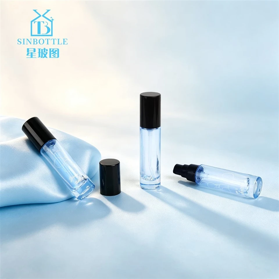 Transparent Light Blue Cylinder Square Glass Spray Bottle Black Cap Travel Toner Perfume Cosmetic Packaging Custom Brand price